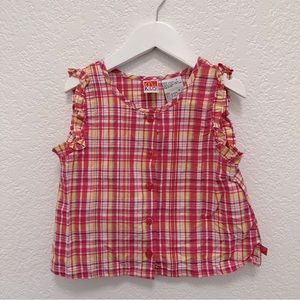 Pink Yellow Plaid McKids Girls Sleeveless Ruffles Button Down Size 5